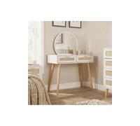 Home Source Dressing Table & Circular Mirror 2 Rattan Front Drawers Vanity Table in White Home Source White