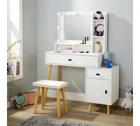 Home Source Forta Single Door 2 Drawer White Vanity Table and Stool Set with Light-Up Mirror - Size: 138 x 106 x 40cm - Wilko
