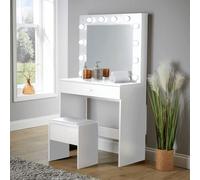 Home Source Ella White Dressing Table with Stool And LED Lights Mirror, White