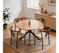 Home Source Eira 120Cm Round Dining Table Set With 4 Natural Woven Dining Chairs