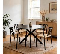 Home Source Eira 120Cm Round Dining Table Set With 4 Natural Woven Dining Chairs