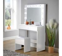 Home Source Ella White Dressing Table With Stool And Led Lights Mirror