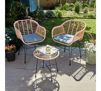 Bistro Set Natural Wicker Frame Black Steel Leg Glass Tabletop