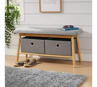 Home Source Jenson Bamboo Grey Padded Storage Bench Hallway Unit With 2 Pull Out Storage Boxes