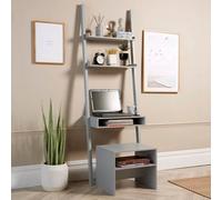 (Grey) 3 Tier Ladder Shelf Desk Home Office Storage with Stool