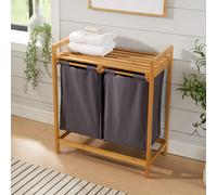 Home Source Laundry Basket with Pull out Shelf Bamboo Frame 2 Fabric Compartments in Light Brown Home Source Light Brown