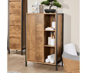 Home Source Locastra Mango Oak Effect & Black Metal 1 Door Bathroom Storage Cabinet With Open Shelves
