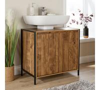 Home Source Locastra Mango Oak Effect & Black Metal Under Basin 2 Door Bathroom Storage Cabinet