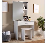 Home Source Makeup Dressing Table Set Sliding Storage Space Vanity Mirror Stool in White Home Source White