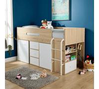 Home Source Kids Single Cabin Loft Bed Integrated Storage Hidden Desk Wooden in White Home Source White Single