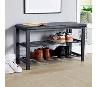 (Black PU) Metal Shoe Bench with Storage Shelfs