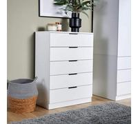 Home Source Phoenix Tall 5 Drawer Chest Of Drawers, White - Contemporary Storage Cabinet - Smooth Metal Runners & Bar Handles