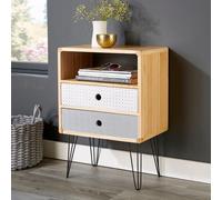 Home Source Retro Wooden Side Table or Bedside Cabinet 2 Drawer Metal Legs in Natural Home Source Natural