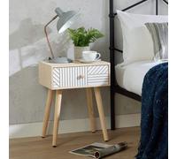 Home Source Bedside Table 1 Drawer Carving Design Pine Scandi Wooden Legs Bedroom in White Home Source White