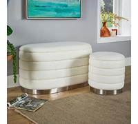 Home Source Set 2 Storage Ottoman Boucle Teddy Fur Footstool Bedroom Bench Storage in White | Size: 2 Pack Home Source White 2 Pack