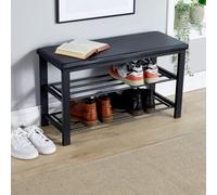 (Black PU) Metal Shoe Bench with Storage Shelfs