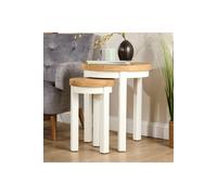 Home Source White Solid Wooden Round Nest of 2 Tables Coffee Side End 40mm Oak Top Home Source White