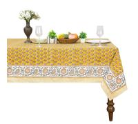 Home Spun & Crafts 60x90 Inches Rectangle Hand Block Print Tablecloth, 100% Cotton, Bee Yellow Floral Table Cloths Washable, Traditional Indian For Dinning Outdoor Thanksgiving Christmas