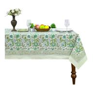 Home Spun & Crafts 60x90 Inches Rectangle Hand Block Print Tablecloth, 100% Cotton, Green Floral Table Cloths Washable, Traditional Indian For Dinning Outdoor Thanksgiving Christmas