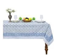 Home Spun & Crafts 72x140 Inches Rectangle Hand Block Print Tablecloth, 100% Cotton, Blue White Floral Table Cloths Washable, Traditional Indian For Dinning Outdoor Thanksgiving Christmas