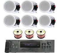 Home Stereo System Kit - 6 Channel 6000 Watts Bluetooth Amplifier w/ 6 Qty of 8” Framed Ceiling Speakers 300 W Each, 300 ft Speaker Wire & Remote for Living Room, Office, Bar by Technical Pro