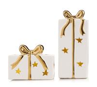Home Stories Set of 2 Pre Lit White Ceramic Gold Bow Present Decor WHITE