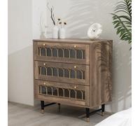 Home Stuff Plus Modern Brown 3-Drawer Chest Of Drawers With Metal Rail Accent, Iron Legs, And Templated Glass W73 X D40 X H78Cm
