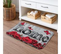 Home Sweet Home Floral Quick Dry Bath Mat, Rustic Red Roses Butterfly Non Slip Shower Mat, Spring Decorative Washable Bath Rugs for Bathroom Toilet Restroom 16x24 Inch