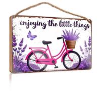 Home Sweet Home Signs Wall Decor Enjoying The Little Things: A Pink Bicycle With Lavender Wooded Sign Diy Door Front Sign Teen Stuff(23X35CM)