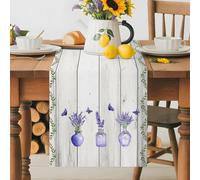HOME Table Runner 13x108 Inches Long Lavender Vases Butterfly Wood Grain Rustic Cotton Linen Table Runner Burlap Style for Dinner Table Party Decor Tabletop Decorations