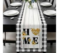 Home Table Runner 13x48 Inches Long Summer Sunflower Romantic Love Heart Black White Lattice Frame Cotton Linen Table Runner Burlap Style for Dinner Table Party Decor Tabletop Decorations