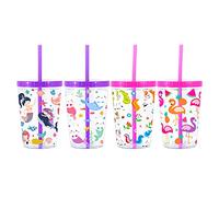 Home Tune 16oz Kids Tumbler Water Drinking Cup - BPA Free, Straw Lid Cup, Reusable, Lightweight, Spill-Proof Water Bottle with Cute Design for Girls & Boys - Flamingo, Kitty Mermaid, Unicorn 4 Pack