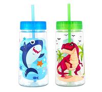 Home Tune 28oz Water Drinking Bottle - BPA Free, Wide Mouth, Travel Beverage Cup with Straw Lid, Lightweight, Water Bottle with Cute Foil Print Design For Girls & Boys - Shark & Dinosaur 2 Pack