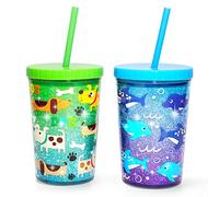 Home Tune Kids Tumbler Water Drinking Cup (400ml) - BPA Free, Straw Lid Cup, Reusable, Lightweight, Spill-Proof Water Bottle with Cute Design for Girls & Boys - 2 Pack Shark & Dog