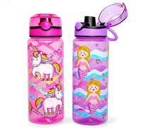 Home Tune Kids Water Drinking Bottle (680ml) - BPA Free, Auto Push Button, Chug Lid, Carry Loop Lightweight, Leak-Proof Water Bottle with Cute Design For Girls & Boys - 2 Pack Unicorn & Mermaid