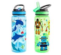 Home Tune Kids Water Drinking Bottle (680ml) - BPA Free, Flip Straw Lid Cap, Lightweight, Carry Handle, Leak-Proof Water Bottle with Cute Design For Girls & Boys - 2 Pack Shark & Robot