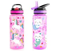 Home Tune Kids Water Drinking Bottle (680ml) - BPA Free, Flip Straw Lid Cap, Lightweight, Carry Handle, Leak-Proof Water Bottle with Cute Design For Girls & Boys - 2 Pack Unicorn & Kitty Mermaid