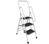 Home Vida 3 Step Ladder - Heavy Duty Steel Folding Ladder with Enhanced Safety Rails, Slip-Resistant and Wide Steps, 150kg Max Load, Home/Kitchen/DIY/Garden Use, White