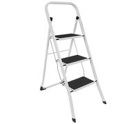 Home Vida 3 Step Ladder - Heavy Duty Steel Folding Ladder with Slip-Resistant and Wide Steps, Folding Mechanism, 150kg Max Load, Home/Kitchen/DIY/Garden Use, White