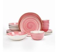 Home VSS Highland 16-Piece Dinnerware Set Service for 4, Organic Shape Stoneware Plates and Bowls Set, Scratch Resistant, Microwave and Dishwasher Safe, Speckled Effect Handcrafted, Swirl Pink
