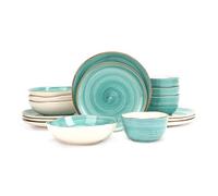 Home VSS Highland 16-Piece Dinnerware Set Service for 4, Organic Shape Stoneware Plates and Bowls Set, Scratch Resistant, Microwave and Dishwasher Safe, Speckled Effect Handcrafted, Swirl Turquoise