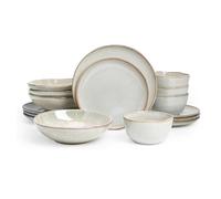 Home VSS Highland 16pc Dinnerware Set, Unique Organic Shape Double Bowl, Stoneware Plate & Bowl Dish Set Service for 4, Scratch Resistant, Microwave & Dishwasher Safe, Natural Reactive Glaze, Grey
