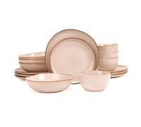 Home VSS Highland 16pc Dinnerware Set, Unique Organic Shape Double Bowl， Stoneware Plate & Bowl Dish Set Service for 4, Scratch Resistant, Microwave & Dishwasher Safe, Natural Reactive Glaze, Pink