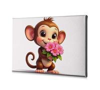 Home Wall Decor A Cute Monkey Holding Pink Flowers. Canvas Decorative Picture Bathroom Wall Art Religious Easter Decorations(20x30cm)