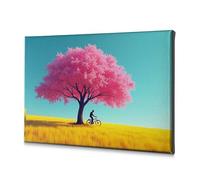Home Wall Decor A Person Rides A Bicycle Under A Pink Flowering Tree In A Golden Field. Canvas Decorative Picture Bathroom Wall Art Religious Easter Decorations(30x40cm)