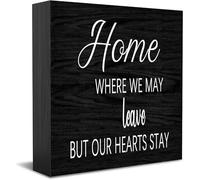 Home Where We May Leave But Our Hearts Stay Home Office Decor Wooden Box Sign, Decorative Positive Office Desk Accessories Wood Plaque Wood Table Sign For Tv Cabinet Shelf 5 X 5 Inch