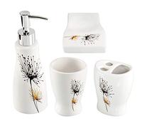 HOME-X Bathroom Accessory Set, 4-Piece Set with Soap Dish, Liquid Dispenser, Tumbler, and Toothbrush Holder, White with Flower Print