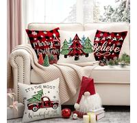 Home-X Christmas Cushion Covers Set of 4, 45 x 45 cm Linen Square Red Black Tartan Throw Pillow Case Merry Christmas Sofa Pillow Cover for Xmas Party Decoration Supplies Home Decor