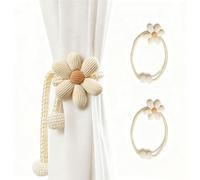 Home-X Curtain Tie Backs, 2PCS Charming Pearl Clasp Flower Curtain Holdbacks, Flower Braided Rope Tie Backs for Curtains with Pendant, Girls Bedroom No Punching Curtain Holder for Home Office Decor