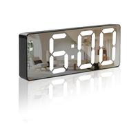 Home-X Digital Alarm Clock, Large Display Bedside LED Electronic Digital Clock Silent No Ticking, Mirror Black USB Mains Powered/Battery Powered Bedroom Alarm Clock with Temperature Display